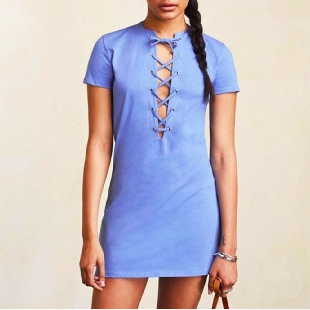 REFORMATION Caroline Sky Blue Lace Up T-Shirt Mini Dress Size S Small